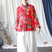 Buddha Stones Ethnic Red Flower Peony Frog-Button Cotton Linen Long Sleeve Shirt Jacket With Pockets 19