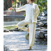 Buddha Stones Frog-Button Meditation Prayer Spiritual Zen Practice Tai Chi Uniform Clothing Women's Set Clothes BS Beige 2XL(Bust 110cm/Waist 72-112cm/Hips 132cm)