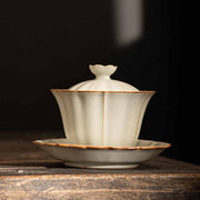 Buddha Stones Beige Plum Blossom Shape Peach Branch Ceramic Gaiwan Sancai Teacup Kung Fu Tea Cup With Lid