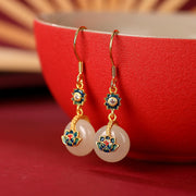 Buddha Stones 925 Sterling Silver Plated Gold Hetian Jade Lotus Luck Ring Earrings Set Bracelet Necklaces & Pendants BS Earrings