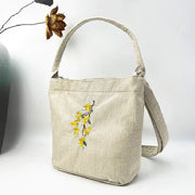 Buddha Stones Embroidery Wisteria Plum Lotus Cherry Blossom Cotton Linen Canvas Tote Crossbody Bag Shoulder Bag Handbag 49