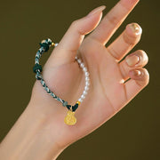 Buddha Stones 925 Sterling Silver Fu Character Lucky Bag Pearl Hetian Jade Wisdom Rope Bracelet  9