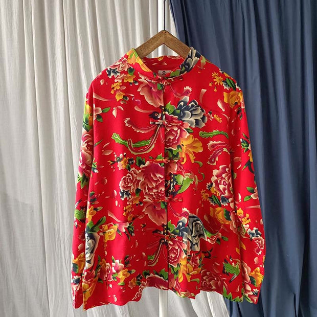 Buddha Stones Ethnic Red Flower Peony Frog-Button Cotton Linen Long Sleeve Shirt Jacket With Pockets 17