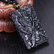 Buddha Stones Black Obsidian Guan Gong Amulet Engraved Strength Necklace Pendant Necklaces & Pendants BS 1