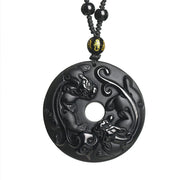 Buddha Stones Natural Black Obsidian Peace Buckle Pixiu Bead Rope Strength Necklace Pendant Necklaces & Pendants BS 6