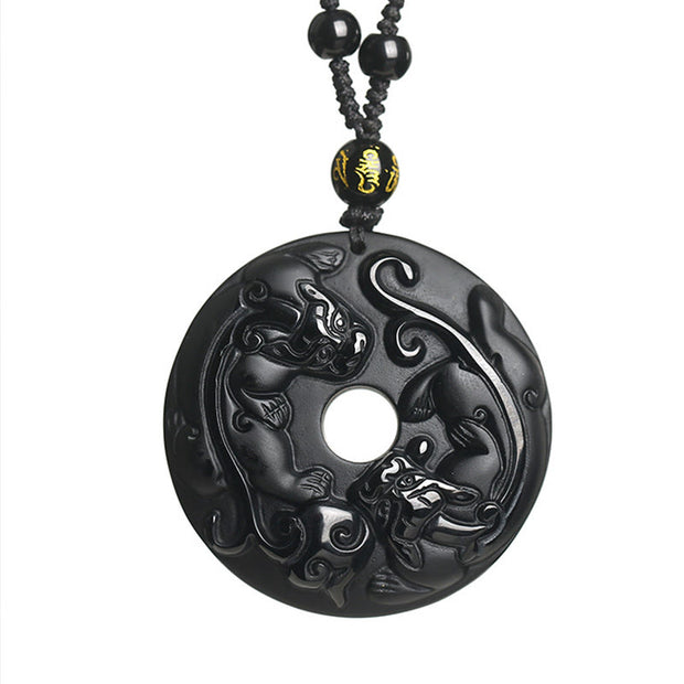 Buddha Stones Natural Black Obsidian Peace Buckle Pixiu Bead Rope Strength Necklace Pendant