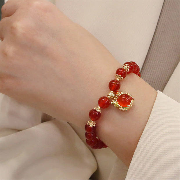 Buddha Stones Year of the Dragon Red Agate Jade Peace Buckle Fu Character Success Bracelet Bracelet BS 16