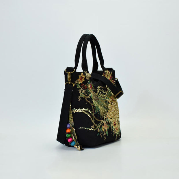 Buddha Stones Peacock Double-sided Embroidery Tote Bag Shoulder Bag Crossbody Bag