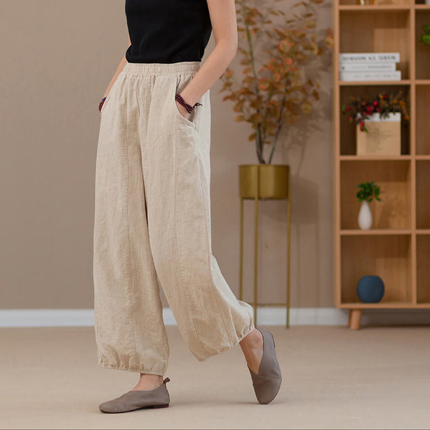 Buddha Stones Ramie Linen Flexible Waistband Yoga Harem Pants With Pockets Harem Pants BS 28