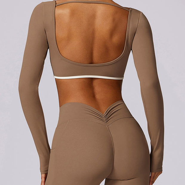 Buddha Stones Solid Color Halter Neck Bra Long Sleeve Crop Tank Top Pants Sports Fitness Gym Yoga Outfits