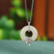 Buddha Stones 925 Sterling Silver Hetian Jade Peace Buckle Flower Luck Necklace Pendant