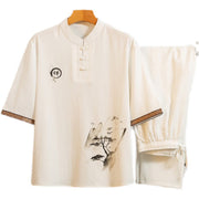 Buddha Stones 2Pcs Tree Pattern Cotton Linen Frog-Button Short Sleeve Shirt Pants Men's Set