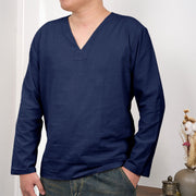 Buddha Stones Solid Color V-Neck Long Sleeve Cotton Linen Men's T-shirt