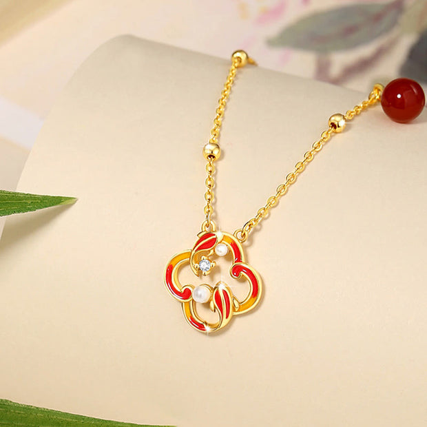 Buddha Stones 925 Sterling Silver Four Leaf Clover Koi Fish Red Agate Pearl Wealth Bracelet Necklace Pendant Earrings Set