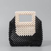Buddha Stones Hand-woven Wooden Beads Square Tote Handbag Handbags BS Black Cream 21*4.5*21cm