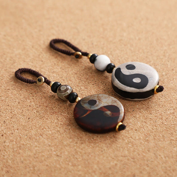 Buddha Stones Natural Agate Yin Yang Dzi Bead Balance Keychain Key Chain BS 7