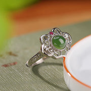 Buddha Stones 925 Sterling Silver Natural Hetian Cyan Jade Hollow Design Luck Ring Earrings Set Bracelet Necklaces & Pendants BS Ring(Inner Perimeter 54-60mm Adjustable)