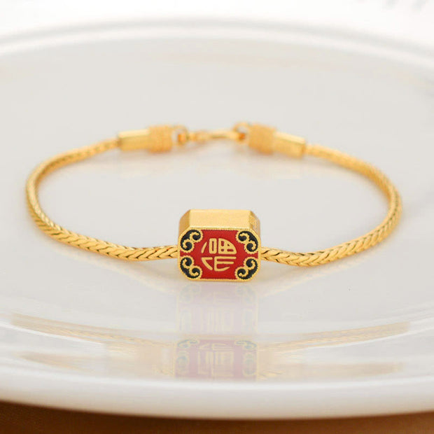 Buddha Stones Tibetan 18K Gold Om Mani Padme Hum Lucky Koi Fish Fu Character Ingot Copper Coin Peace Bracelet Bracelet BS Auspicious Fu Character
