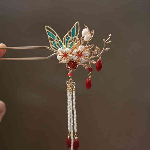 Buddha Stones Classical Chinese Style Flower Branche Butterfly Pearl Tassel Hair Clip Hair Comb Hair Crown