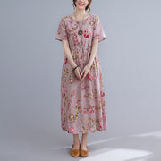Buddha Stones Flowers Print Midi Dress Cotton Linen Tunic Dress With Pockets