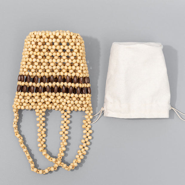 Buddha Stones Hand-woven Bucket Portable Wooden Beads Handbag Handbags BS 8