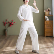 Buddha Stones 2Pcs Long Sleeve V-Neck Shirt Top Pants Meditation Zen Tai Chi Cotton Linen Clothing Women's Set