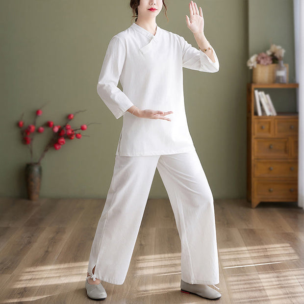 Buddha Stones 2Pcs Long Sleeve V-Neck Shirt Top Pants Meditation Zen Tai Chi Cotton Linen Clothing Women's Set Women's Meditation Cloth BS White(Top&Pants) 2XL(Bust 106cm/Waist 67-100cm/Hips 126cm)