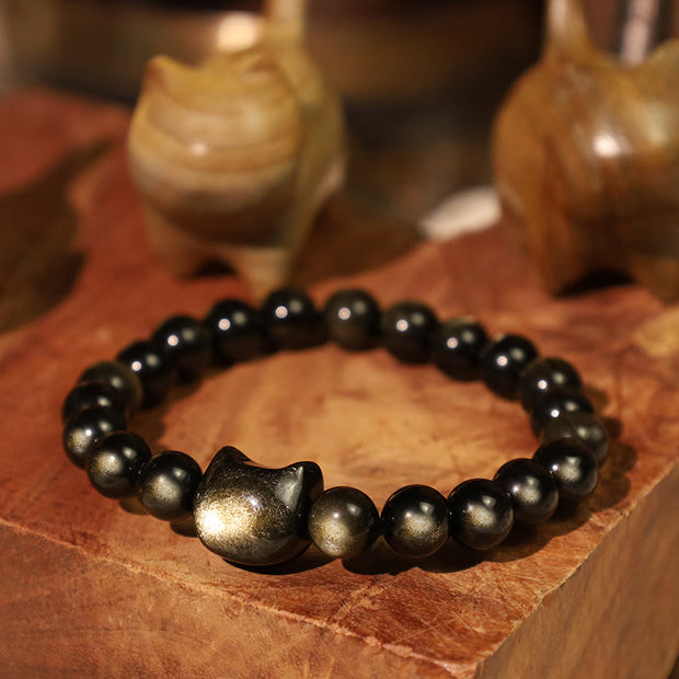 Buddha Stones Gold Sheen Obsidian Silver Sheen Obsidian Lovely Paw Lucky Cat Protection Bracelet