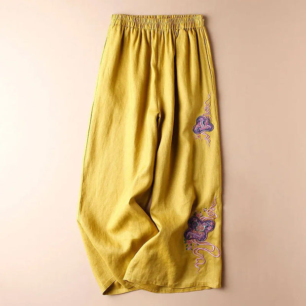 Buddha Stones Women Casual Loose Cotton Linen Embroidery Wide Leg Pants With Pockets