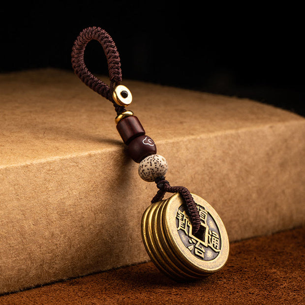 Buddha Stones Feng Shui Five Emperor Coins Luck Bodhi Seed Money Wealth Keychain