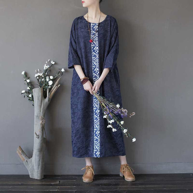 Buddha Stones Blue Flowers Embroidery Jacquard Midi Dress Three Quarter Sleeve Cotton Dress With Pockets 16