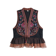 Buddha Stones Vintage Embroidery Red Flower Tang Suit Design Sleeveless Vest