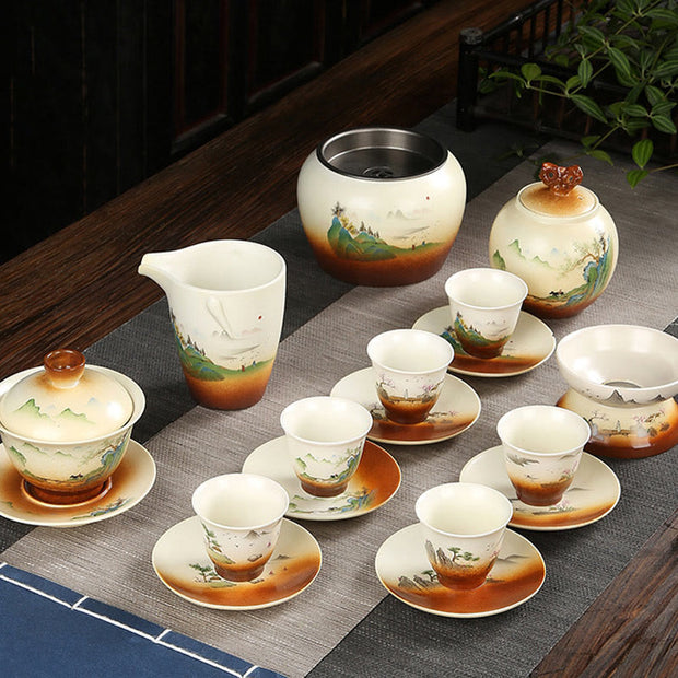Buddha Stones Mountain Landscape Countryside Ceramic Gaiwan Sancai Teacup Kung Fu Tea Cup And Saucer With Lid