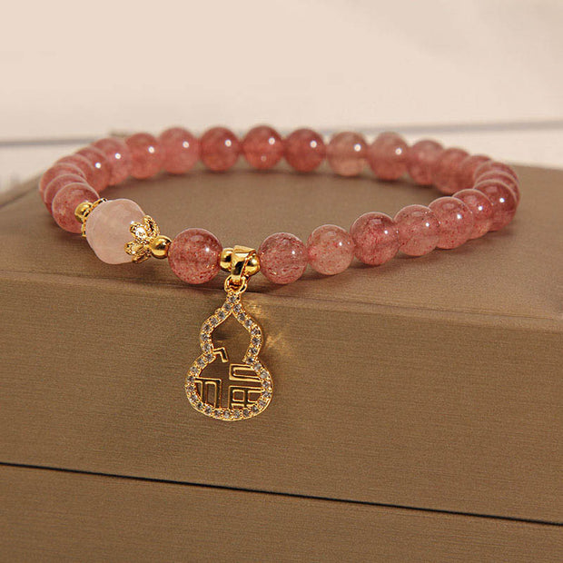 Buddha Stones Strawberry Quartz Gourd Fu Character Charm Positive Bracelet Bracelet BS 13