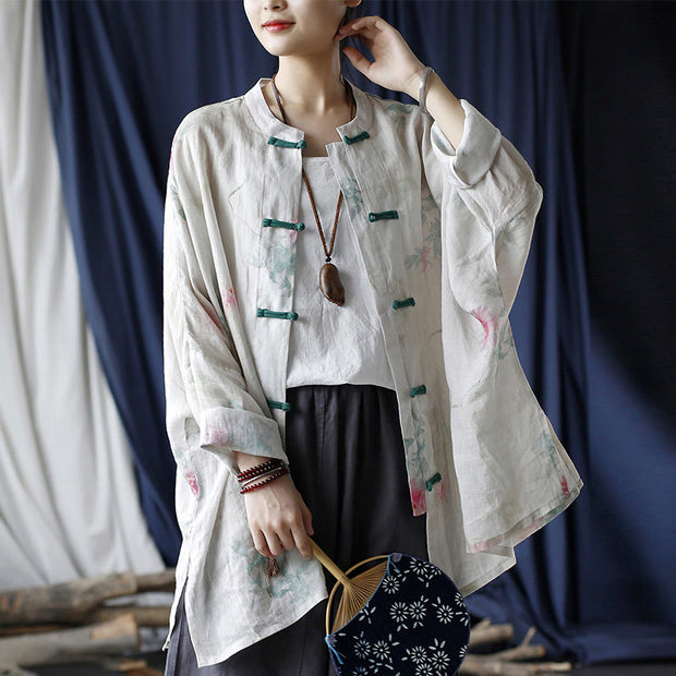 Buddha Stones White Red Flowers Green Leaves Frog-Button Long Sleeve Ramie Linen Jacket Shirt 22