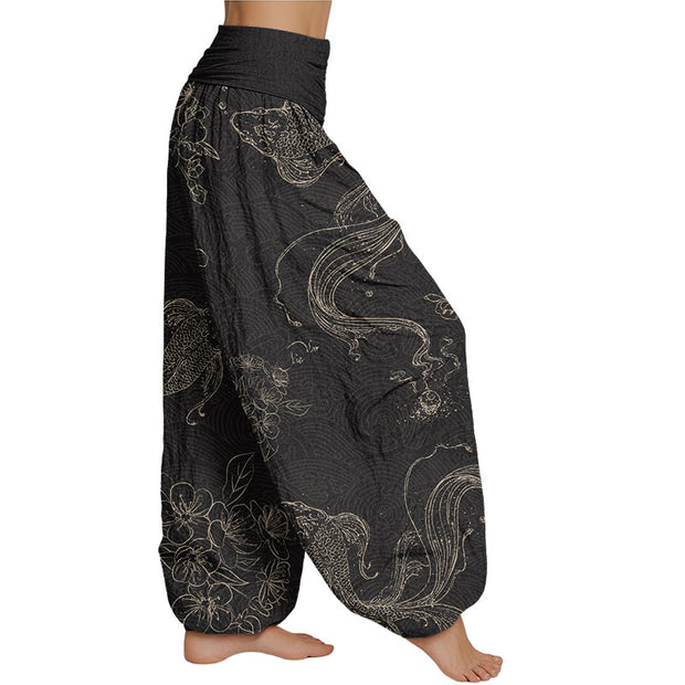 Buddha Stones Koi Fish Floral Pattern Women's Elastic Waist Harem Pants