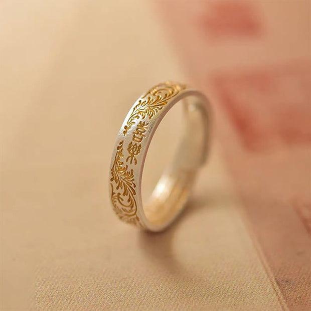 Buddha Stone 999 Sterling Silver Gold-Painted Joyful Flower Pattern Peaceful Heart Sutra Ring Ring BS Joyful Heart Sutra