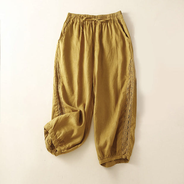 Buddha Stones Solid Color Flower Loose Drawstring Harem Pants With Pockets Harem Pants BS Yellow 2XL(Waist 74-112cm/Hips 122cm/Length 79cm)