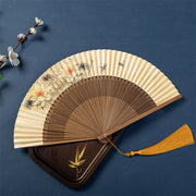 Buddha Stones Lotus Dragonfly Wild Geese Plum Blossom Handheld Silk Bamboo Folding Fan 22.5cm 7