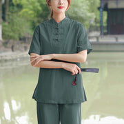 Buddha Stones 2Pcs Women's Short Sleeve Shirt Top T-Shirt Pants Meditation Zen Tai Chi Cotton Linen Clothing Set