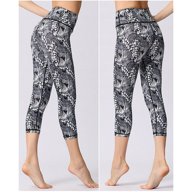 Buddha Stones Leaves Butterfly Print Sports Yoga Cropped Leggings Women's Yoga Capri Pants Women's Capri Pants BS 16