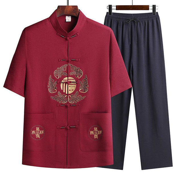 Buddha Stones Fu Character Tang Suit Hanfu Traditional Uniform Short Sleeve Top Pants Clothing Men's Set