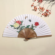 Buddha Stones Pine Tree Garden Peony Handheld Paper Bamboo Folding Fan 26cm 9
