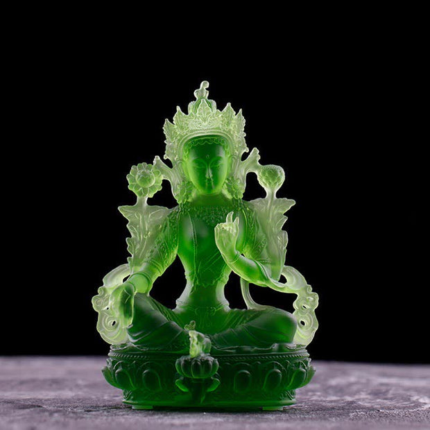 Buddha Stones Bodhisattva Green Tara Handmade Liuli Crystal Art Piece Protection Home Office Statue Decoration