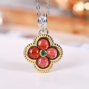 Buddha Stones 925 Sterling Silver Natural Garnet Four-leaf Clover Protection Necklace Pendant Ring