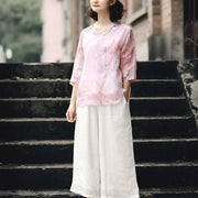 Buddha Stones V-Necck Pink Flower Pattern Ramie Linen Blouse Three Quarter Sleeve Shirt Top