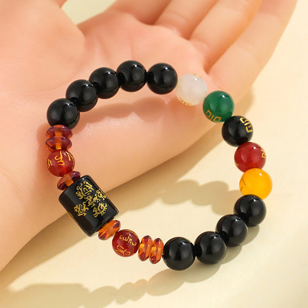 Buddha Stones Five Elements Black Onyx Red Agate Wisdom Wealth Bracelet