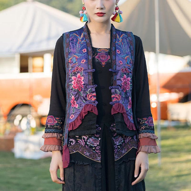 Buddha Stones Vintage Embroidery Flower Pattern Tang Suit Design Vest