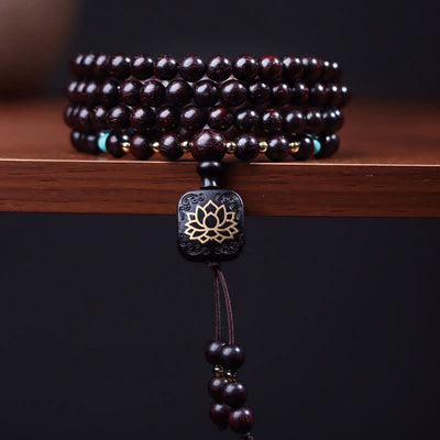 Buddha Stones 108 Mala Beads Tibetan Small Leaf Red Sandalwood Lotus Balance Bracelet