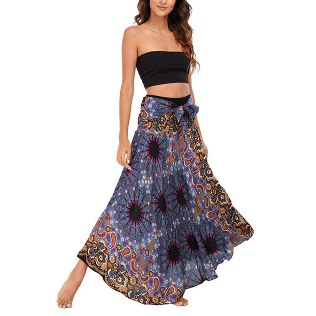 Buddha Stones Two Style Wear Bohemian Mandala Flower Water Drop Lace-up Skirt Dress